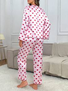 SHEIN Conjunto de pijama de satén con estampado de corazones y ribete de contraste - Multicolor - Ver 2