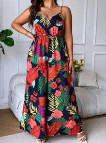 SHEIN Holidaya Plus Size Boho Tropical Print Wide Leg Cami Jumpsuit, For Summer - Multicolor - View 5