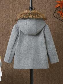 SHEIN Young Boy Fuzzy Trim Hooded Duffle Button Dual Pocket Overcoat - Grey - View 3