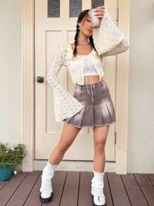 SHEIN Qutie Ruffle Trim Flounce Sleeve Knot Front Crop Blouse - Beige - View 4