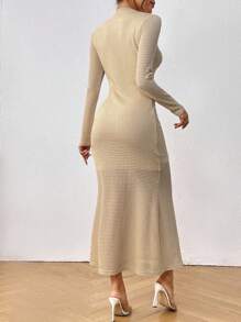 SHEIN LUNE 素色華夫格編織魚尾裙下擺洋裝 - 卡其色 - 查看 2