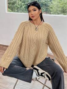 Flirla Plus Cable Knit Raglan Sleeve Sweater - Apricot - View 5