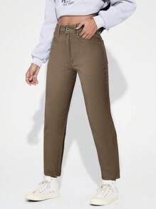 SHEIN EZwear 高腰媽媽牛仔褲 - 卡其色 - 查看 5