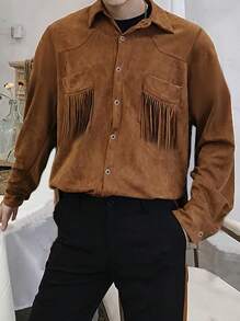 Manfinity Hypemode Loose Fit Men's Faux Suede Shacket With Fringe Trim And Button Closure - Brown - View 1