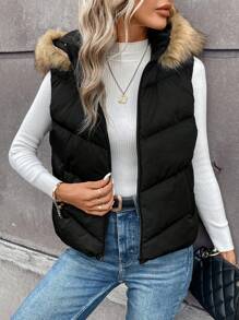 SHEIN Frenchy Fuzzy Trim Hooded Vest Coat Winter Black - Black - View 6