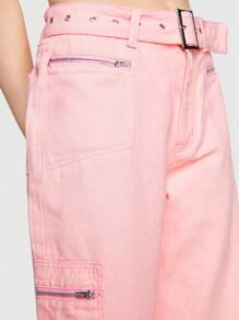 ROMWE Kawaii Zipper Pocket Side Cargo Jeans - Pink - View 4