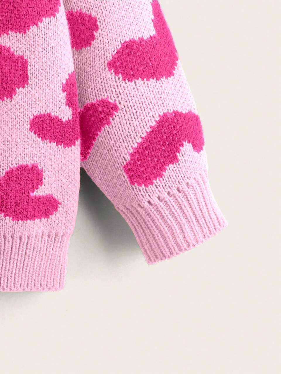 Young Girl Valentine's Day Pink & Fuchsia Pink Leopard Animal Pattern Heart & Wave Soft Pullover Sweater, Suitable For Home, School, New Year, Outdoor