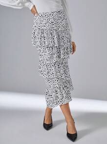 SHEIN Privé In ấn Nhiều lớp Viền Ruffle Váy - Đen và trắng - Xem 5