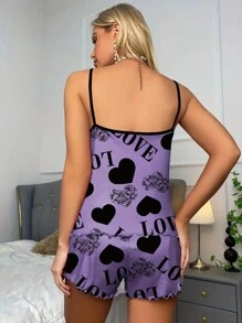 Conjunto de pijama / ropa de descanso con gráfico de corazón y letra, con ribete de hoja de lechuga y contraste de tela