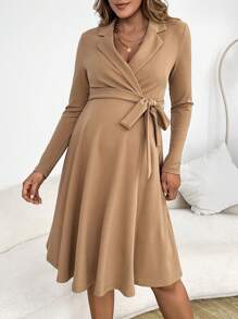 SHEIN Thai sản Cổ áo Nút ven Đầm - Màu Khaki - Xem 3