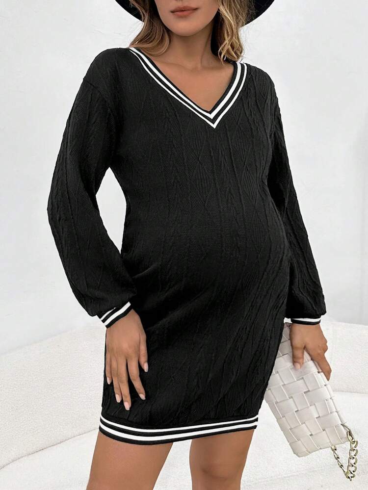 Maternity Striped Trim Lantern Sleeve Sweatshirt Dress, For Winter