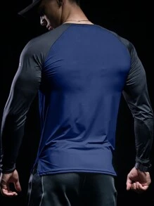 Gym Rark 男友风男士字母印花插肩袖运动T恤长袖衬衫健身上衣秋季透气修身衬衫圆领压缩衬衫 - 藍色 - 查看 2
