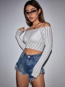 SHEIN Unity Off Shoulder Lettuce Trim Crop Sweater Without Bra Knit Pullover Fall Winter Outfit