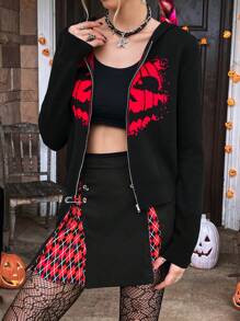 SHEIN Unity Halloween Pumpkin Pattern Zip Up Hooded Cardigan Fall Cloth For Women - Black - View 5