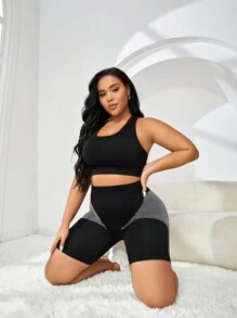 Yoga Basic Plus Striped Print Wideband Waist Sports Shorts - Black - View 5