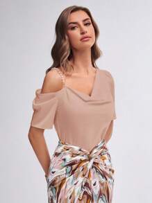 BizChic Pearls Beaded Asymmetrical Neck Blouse - Dusty Pink - View 7