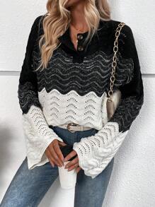 SHEIN LUNE Color Block Drop Shoulder Pointelle Knit Half Button Knit Pullover Fall Winter Sweater - Multicolor - View 7