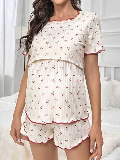 Moonlight & Mama Maternity Cherry Print Lettuce Trim Nursing Detail Tee & Shorts PJ Set / Pajama Set