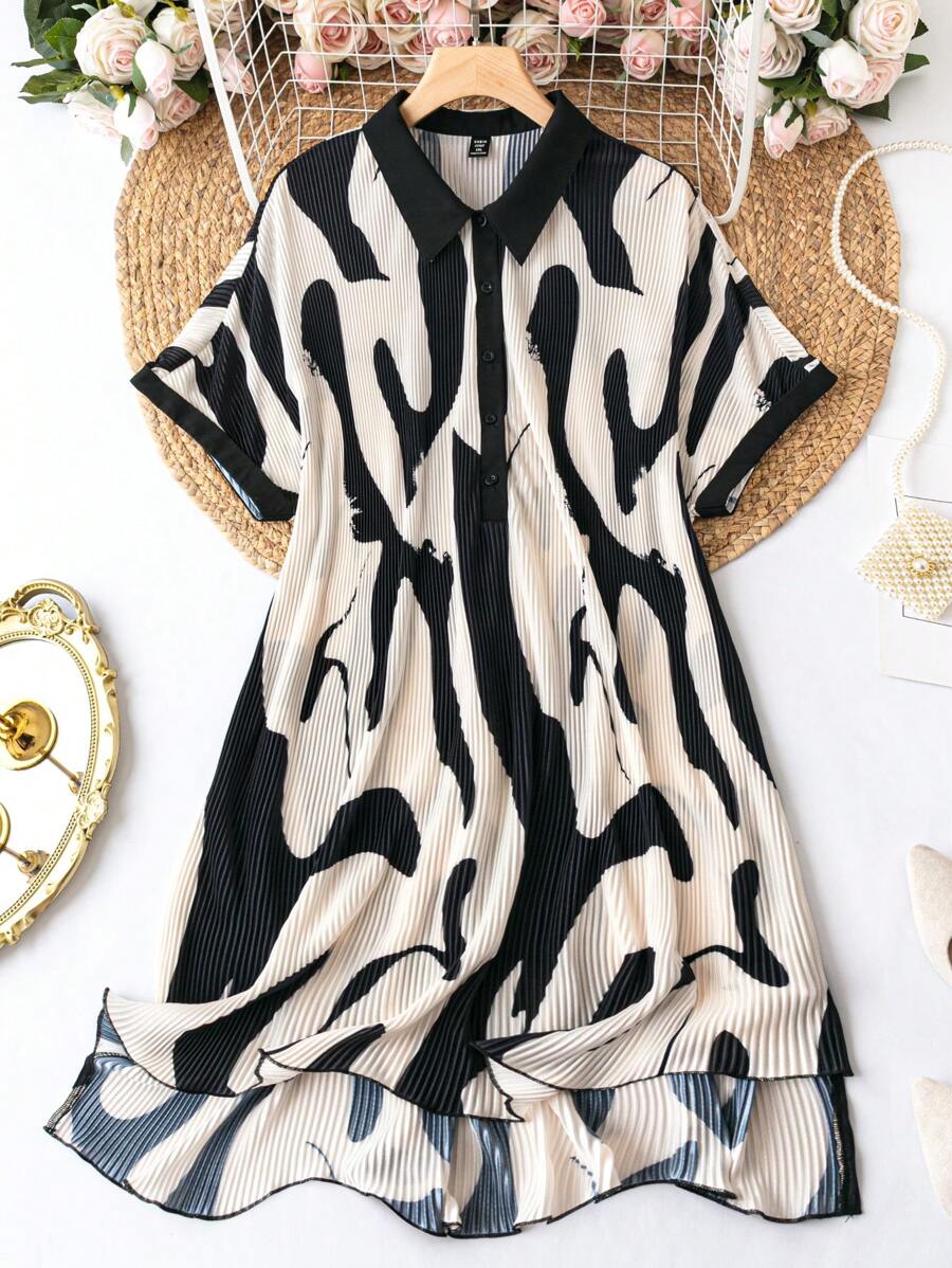 SHEIN LUNE Plus Graphic Print Button Front Shirt Dress - Black and White - View 1