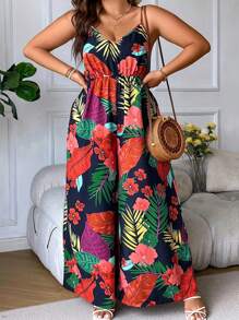 SHEIN Holidaya Plus Size Boho Tropical Print Wide Leg Cami Jumpsuit, For Summer - Multicolor - View 3