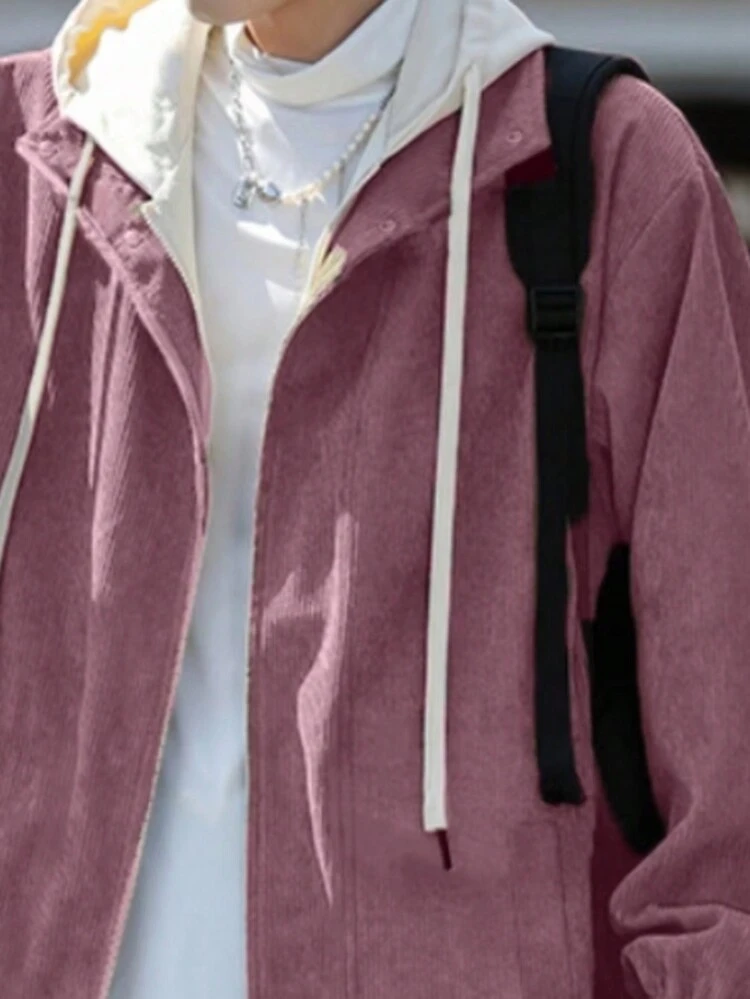 Men's Oversized Corduroy Jacket With Drawstring Hood And Zipper Closure