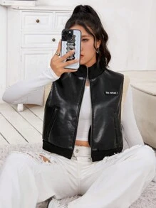 SHEIN EZwear Letter Patched Zip Up Vest Jacket - Black - View 1