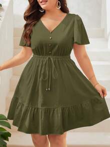 SHEIN VCAY Plus Butterfly Sleeve Ruffle Hem Knot Front Dress - Army Green - View 6