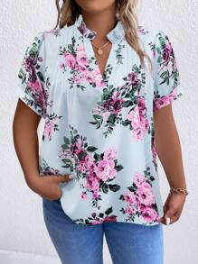 Calvaya Plus Floral Print Notched Neckline Puff Sleeve Blouse - Blue - View 3