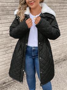 SHEIN LUNE Plus Borg Collar Zipper Quilted Coat - Black - View 7
