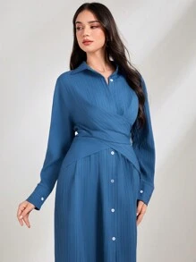 Mulvari Crisscross Nút phía trước Váy sơ mi - Xanh đậm - Xem 4