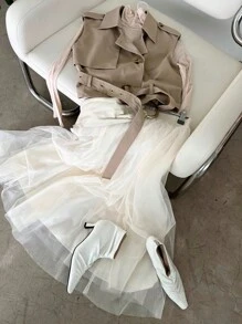 DAZY Lapel Neck Belted Vest Jacket - Khaki - View 4