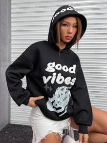 SHEIN Unity Chữ cái & Đồ họa hoạt hình Thả vai Hoodie - màu đen - Xem 6