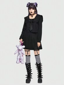 ROMWE J-Fashion Striped Sailor Collar Blouse & Pleated Skirt - Black - View 3