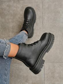 女士時尚英式風格靴子帶防滑橡膠軟底,繫帶摩托車靴子 - 黑色 - 查看 6