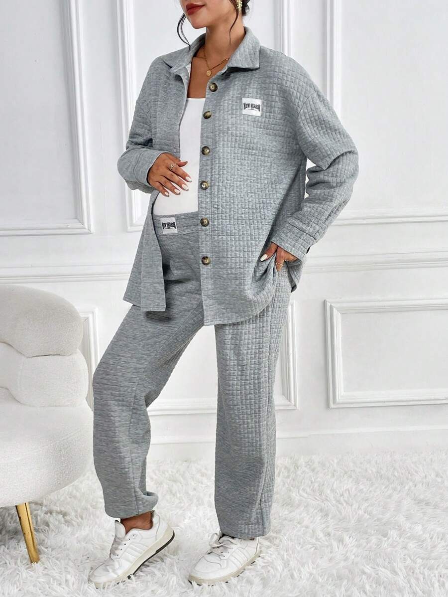 SHEIN 孕婦字母貼布落肩袖外套和運動褲 - 淺灰色 - 查看 1