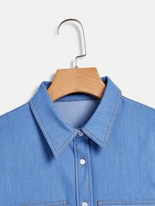 SHEIN EZwear Flap Pocket Button Front Shirt - Blue - View 3
