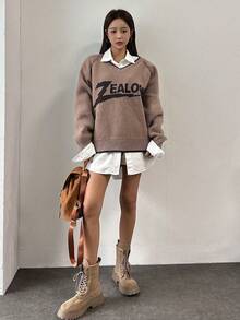 DAZY Áo len tay Raglan họa tiết chữ không kèm áo - Màu Khaki - Xem 4