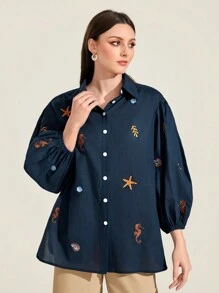 Seusyu 海星&貝殼圖案燈籠袖襯衫 - 藏蓝色 - 查看 1
