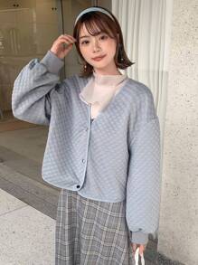 FRIFUL Solid Drop Shoulder Quilted Jacket,Fall Clothes - Dusty Blue - View 10