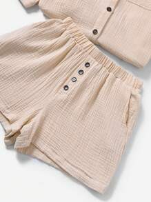 SHEIN VCAY 落肩袖口袋貼布襯衫&短褲不附吊帶上衣