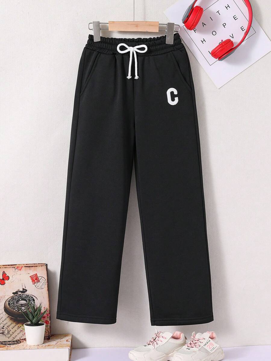Tween Boy Letter Patched Drawstring Waist Straight Leg Pants - Black - View 1