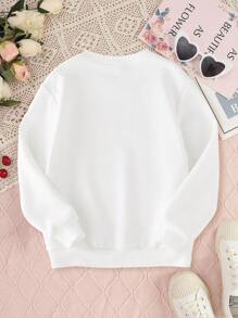 SHEIN Sudadera con cuello redondo y estampado de eslogan y expresión de dibujos animados para niña preadolescente para otoño e invierno - Blanco - Ver 2