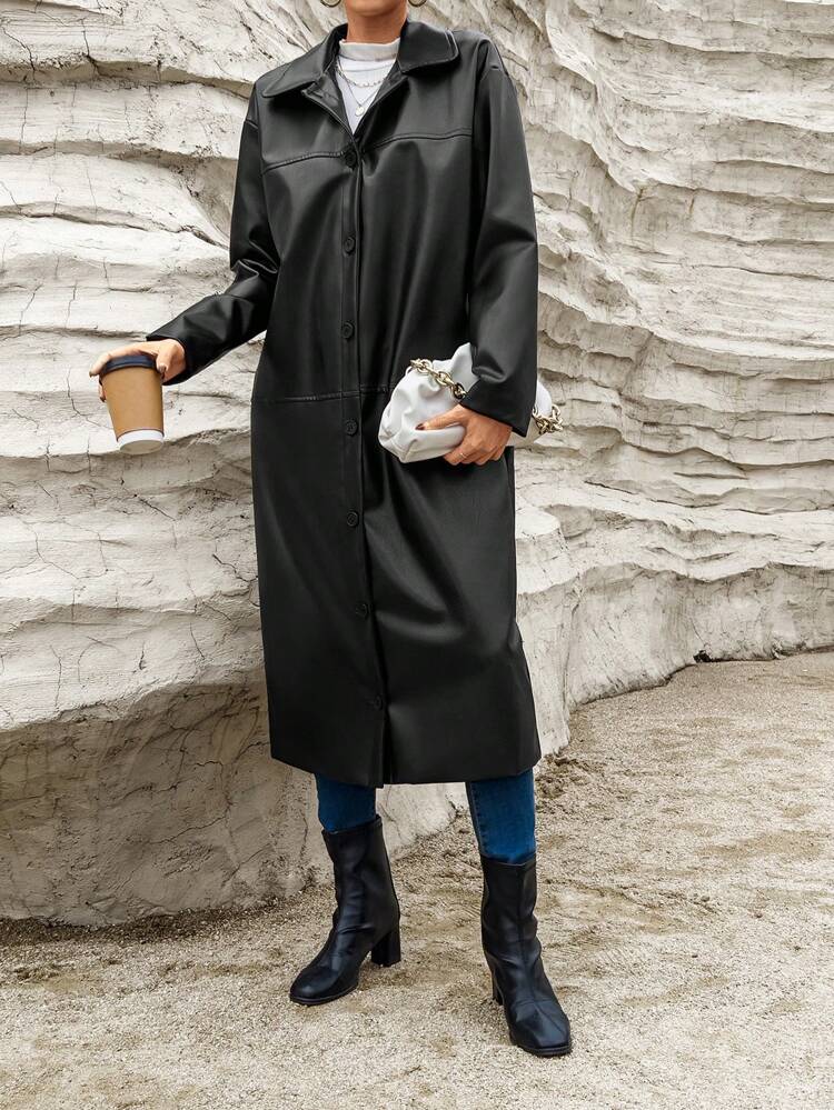 Solid Single Breasted Placket PU Leather Coat