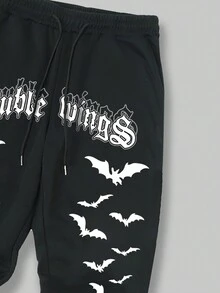 ROMWE MEN Guys Bat Letter Graphic Drawstring Hoodie & Sweatpants - Khaki - View 4