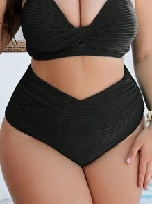 SHEIN Swim Curve Plus Solid High Waisted Bikini Bottom - Black - View 1