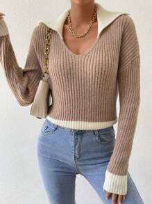 SHEIN LUNE Áo len chui đầu cổ tương phản, vai rớt, chất liệu dệt kim gân, thích hợp cho mùa thu đông. - Nhiều màu - Xem 1