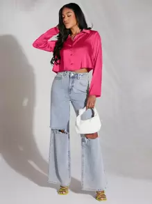 SHEIN BAE 素色前紐扣緞面短款襯衫 - 玫紅色 - 查看 3