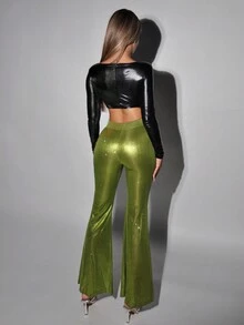 SHEIN ICON Halloween Flare Leg Pants - Lime Green - View 3