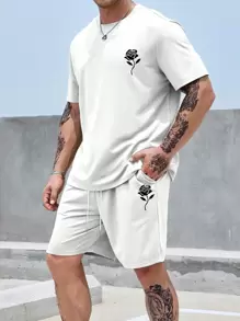 Manfinity Homme 男士大码印花T恤&腰部抽繩短褲 - 白色 - 查看 1