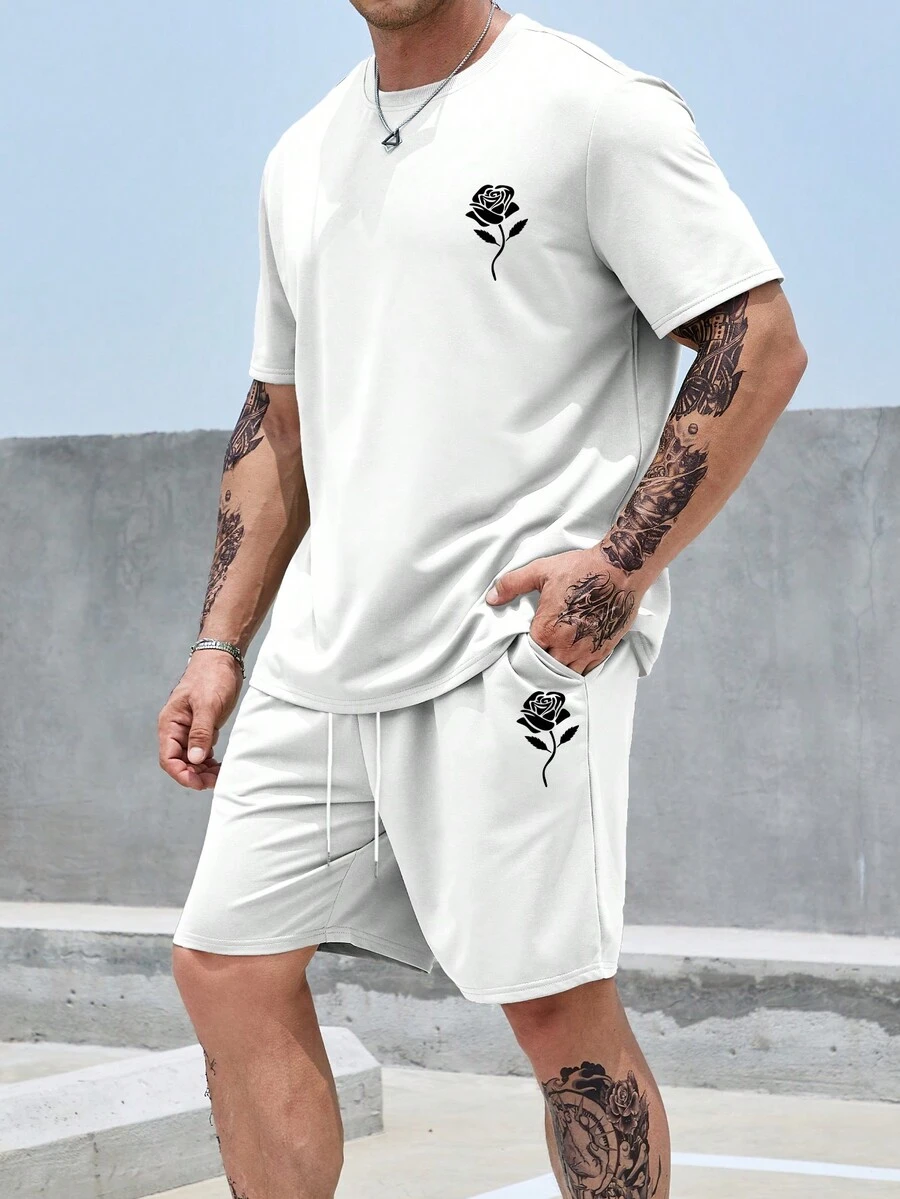 Manfinity Homme 男士大码印花T恤&腰部抽繩短褲 - 白色 - 查看 1